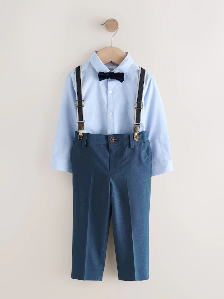 |Boy| Conjunto De Camisa Azul, Calça, Suspensórios e Gravata Borboleta (3 meses a 9 anos)