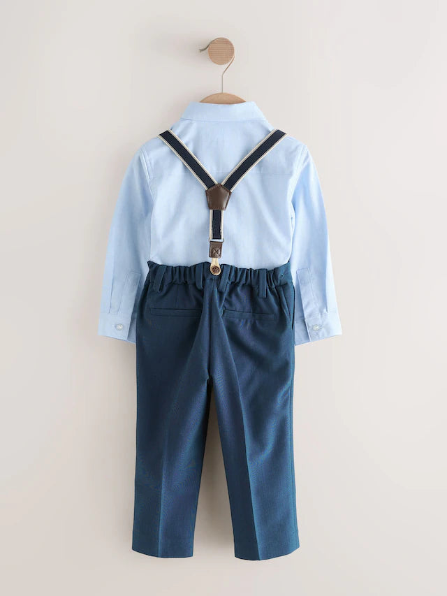 |Boy| Conjunto De Camisa Azul, Calça, Suspensórios e Gravata Borboleta (3 meses a 9 anos)