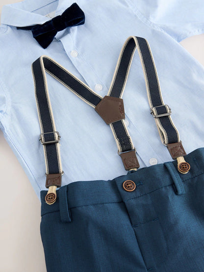 |Boy| Conjunto De Camisa Azul, Calça, Suspensórios e Gravata Borboleta (3 meses a 9 anos)