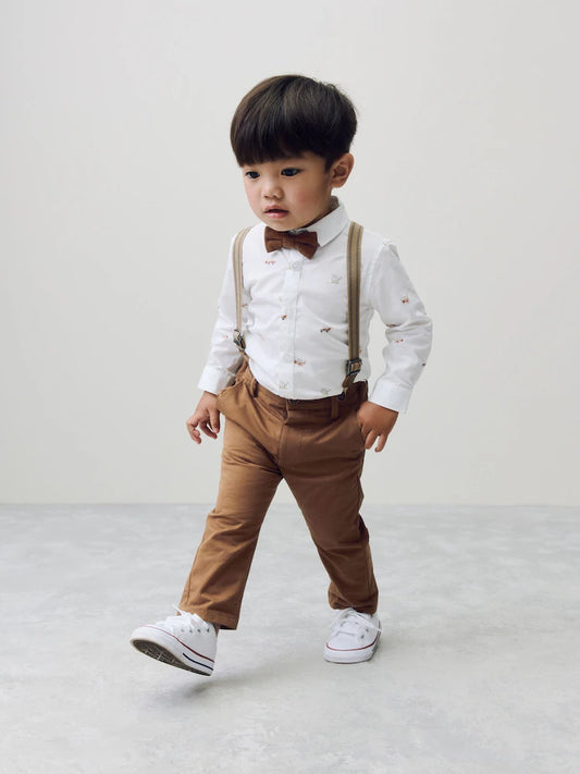 |Boy| Conjunto De Camisa, Calça, Suspensórios e Gravata Borboleta Estampados Para Transporte (3 meses a 9 anos)