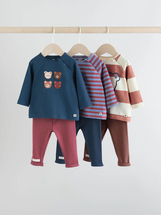 |BabyBoy| Conjunto De 6 Peças De Blusas e Leggings Azul Marinho/Marrom Para Bebê (0 meses a 3 anos)