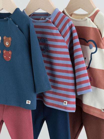 |BabyBoy| Conjunto De 6 Peças De Blusas e Leggings Azul Marinho/Marrom Para Bebê (0 meses a 3 anos)