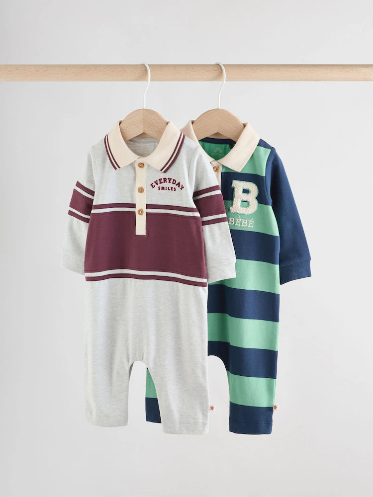 |BabyBoy| Macacão De Malha Listrado Azul/Verde Com Gola Para Bebê, Pacote com 2