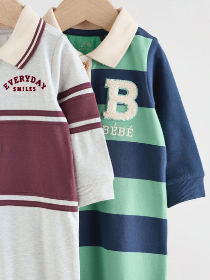 |BabyBoy| Macacão De Malha Listrado Azul/Verde Com Gola Para Bebê, Pacote com 2