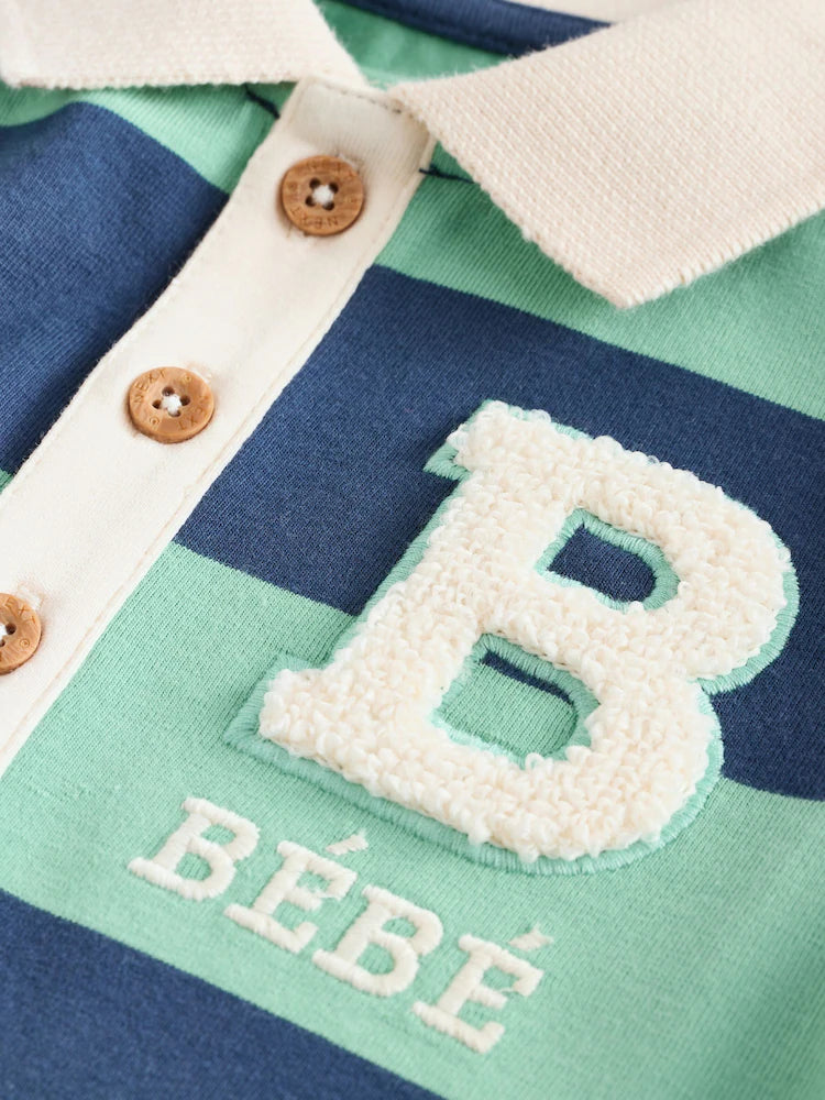 |BabyBoy| Macacão De Malha Listrado Azul/Verde Com Gola Para Bebê, Pacote com 2