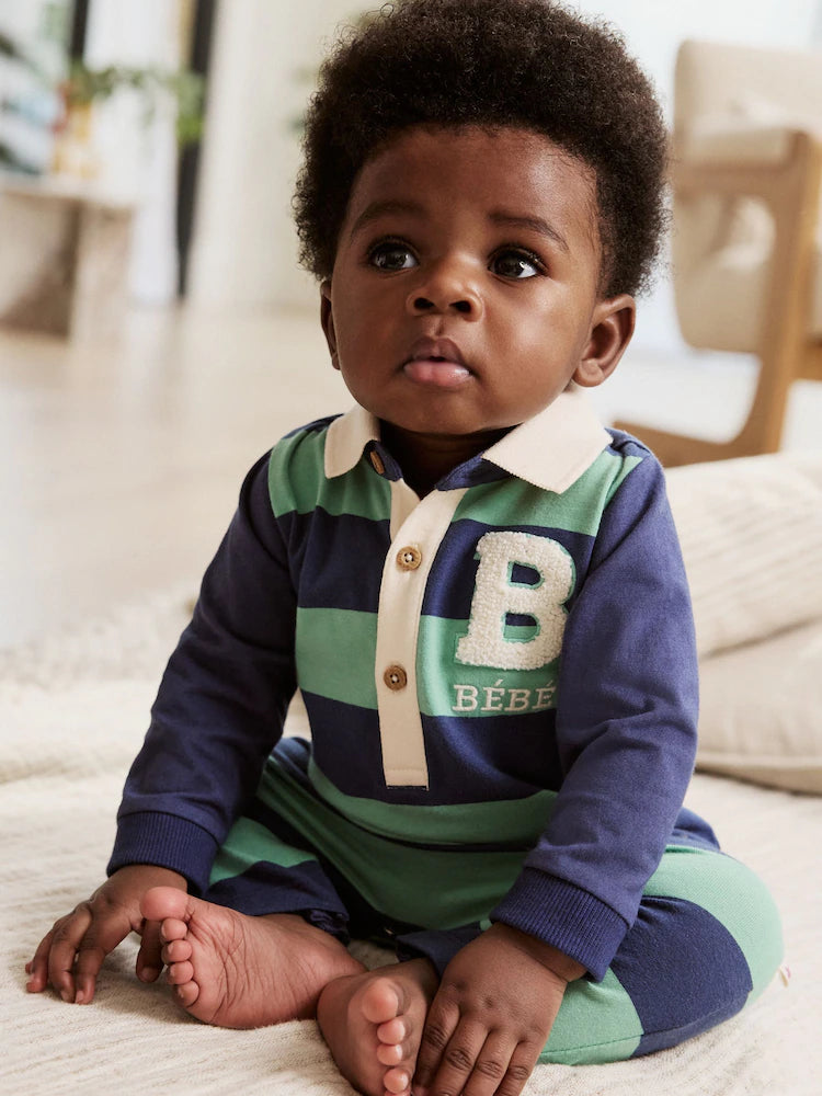 |BabyBoy| Macacão De Malha Listrado Azul/Verde Com Gola Para Bebê, Pacote com 2