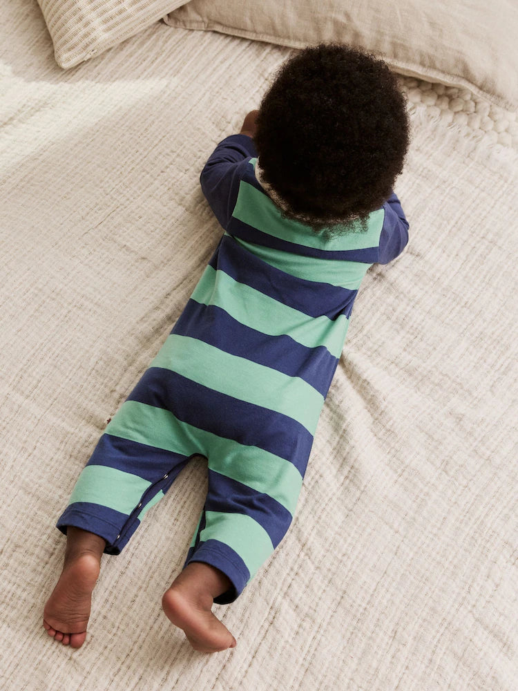 |BabyBoy| Macacão De Malha Listrado Azul/Verde Com Gola Para Bebê, Pacote com 2