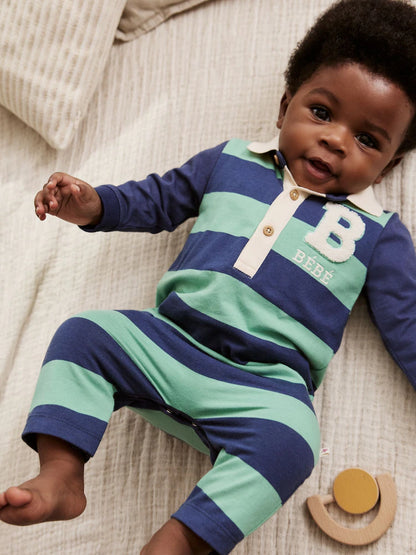 |BabyBoy| Macacão De Malha Listrado Azul/Verde Com Gola Para Bebê, Pacote com 2