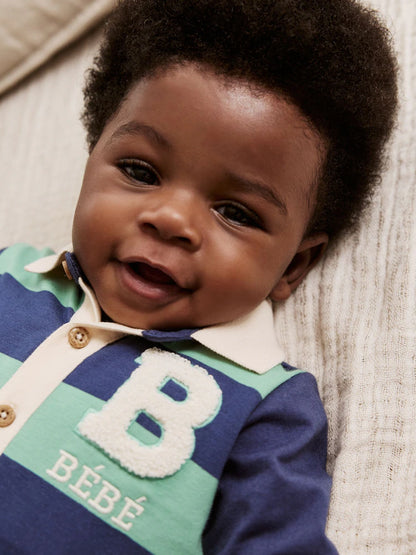 |BabyBoy| Macacão De Malha Listrado Azul/Verde Com Gola Para Bebê, Pacote com 2