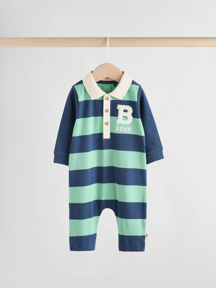 |BabyBoy| Macacão De Malha Listrado Azul/Verde Com Gola Para Bebê, Pacote com 2
