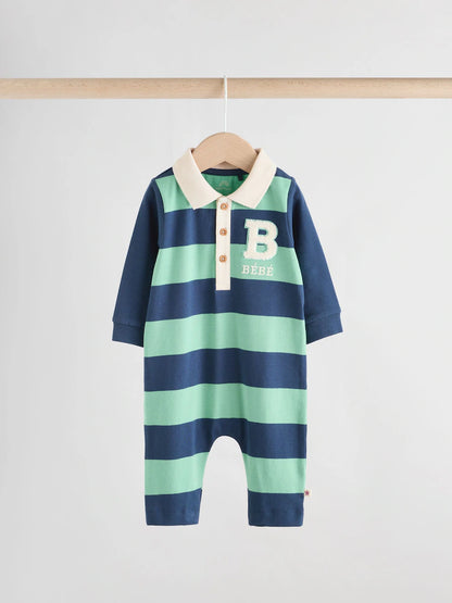 |BabyBoy| Macacão De Malha Listrado Azul/Verde Com Gola Para Bebê, Pacote com 2
