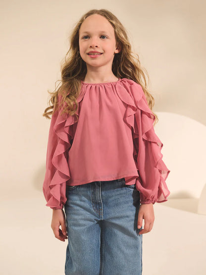 |BigGirl| Blusa Rosa De Manga Comprida Com Babados (3-16 anos)