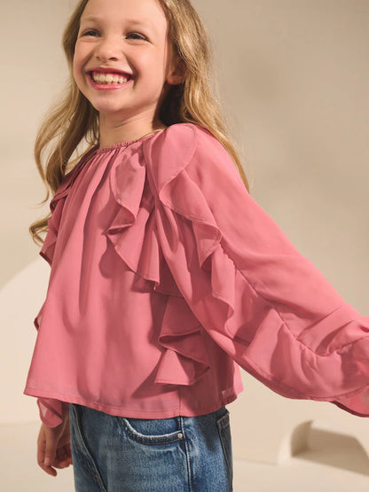 |BigGirl| Blusa Rosa De Manga Comprida Com Babados (3-16 anos)
