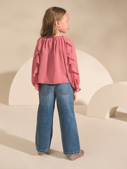 |BigGirl| Blusa Rosa De Manga Comprida Com Babados (3-16 anos)