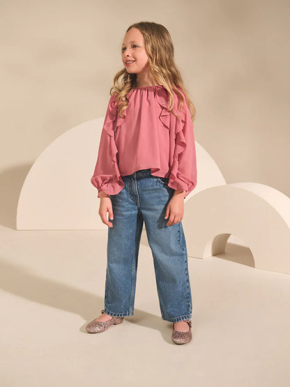 |BigGirl| Blusa Rosa De Manga Comprida Com Babados (3-16 anos)
