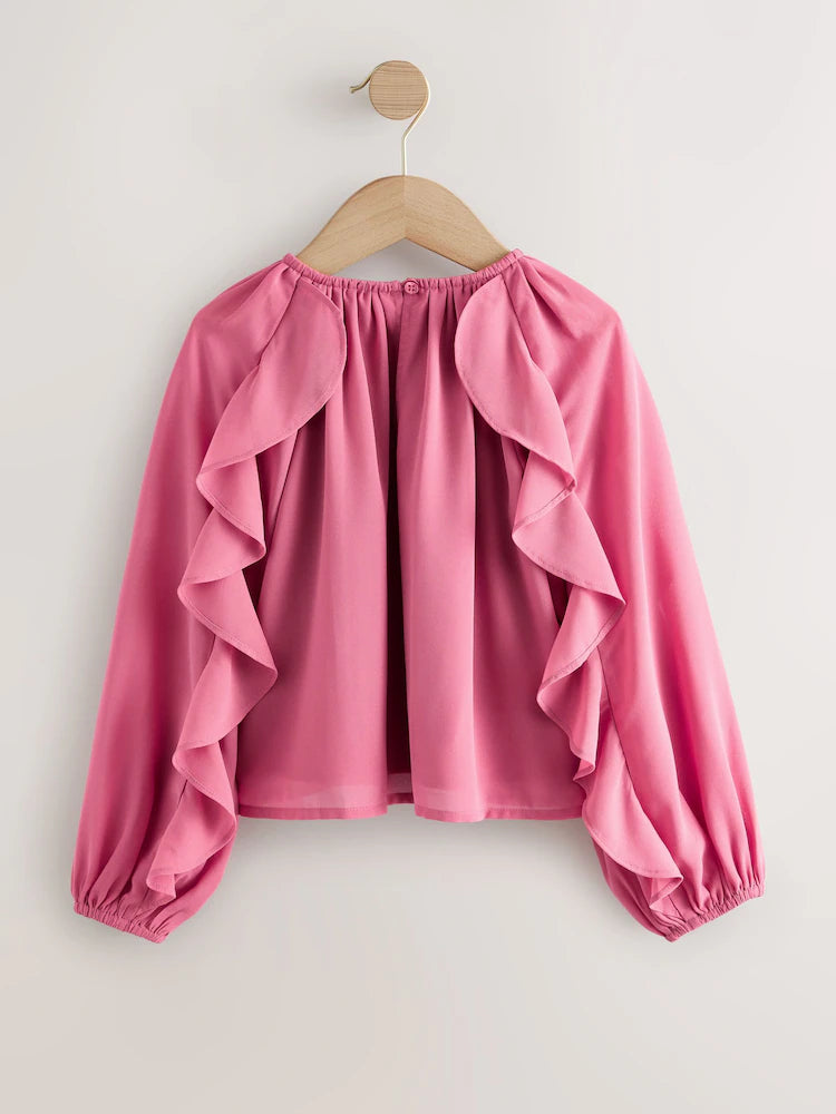 |BigGirl| Blusa Rosa De Manga Comprida Com Babados (3-16 anos)