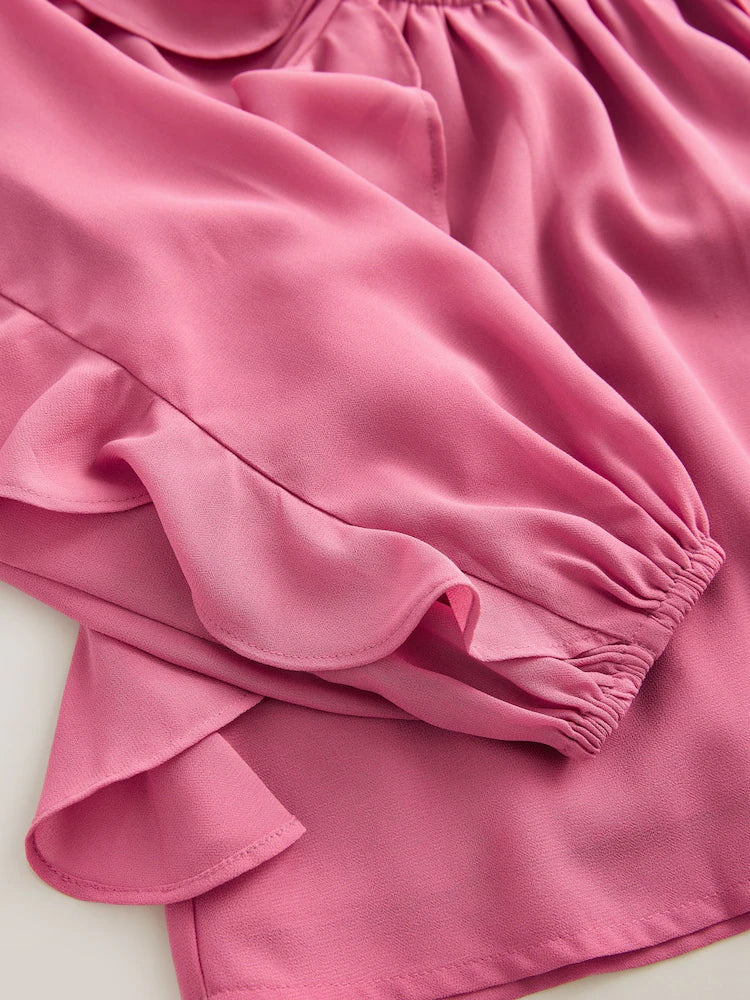 |BigGirl| Blusa Rosa De Manga Comprida Com Babados (3-16 anos)