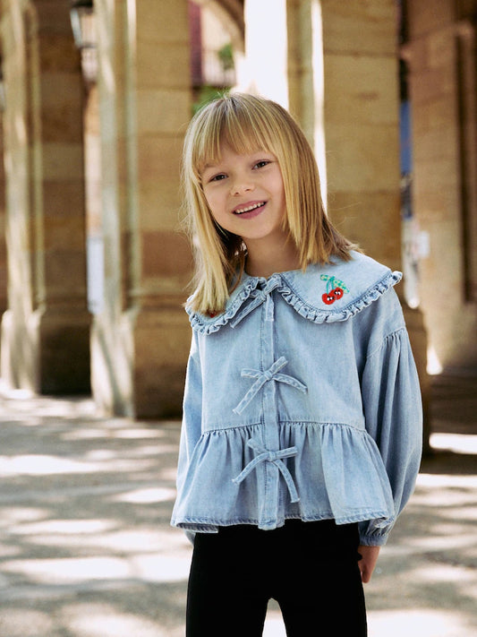 |BigGirl| Blusa Azul De Manga Comprida Com Gola Jeans (3-16 anos)