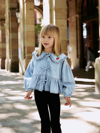 |BigGirl| Blusa Azul De Manga Comprida Com Gola Jeans (3-16 anos)