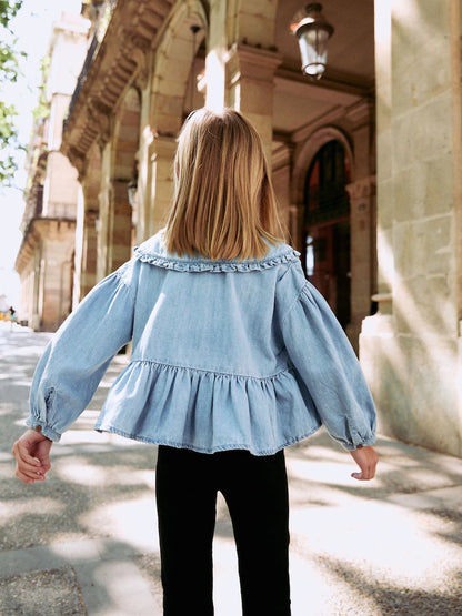 |BigGirl| Blusa Azul De Manga Comprida Com Gola Jeans (3-16 anos)