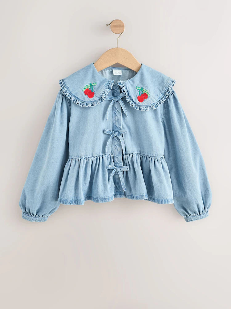 |BigGirl| Blusa Azul De Manga Comprida Com Gola Jeans (3-16 anos)