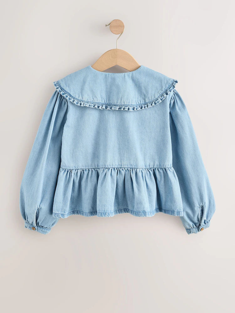 |BigGirl| Blusa Azul De Manga Comprida Com Gola Jeans (3-16 anos)