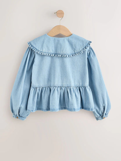 |BigGirl| Blusa Azul De Manga Comprida Com Gola Jeans (3-16 anos)