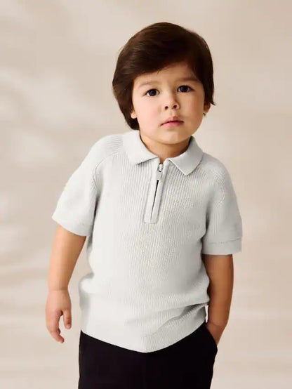 |Boy| Camisa Polo Cinza 100% Algodão Com Gola Alta e Zíper (3 meses a 7 anos)