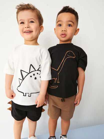|Boy| Conjunto De Camiseta e Shorts De manga Curta De Dinossauro Preto/Marrom, Pacote Com 2 (3 meses a 7 anos)