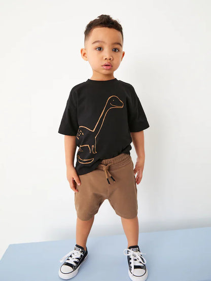 |Boy| Conjunto De Camiseta e Shorts De manga Curta De Dinossauro Preto/Marrom, Pacote Com 2 (3 meses a 7 anos)