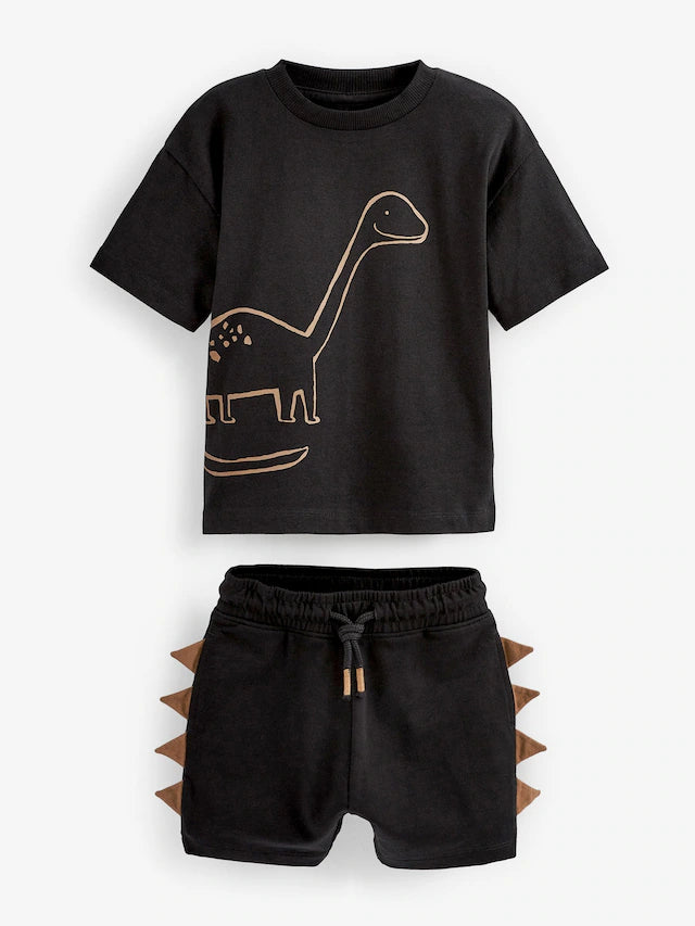 |Boy| Conjunto De Camiseta e Shorts De manga Curta De Dinossauro Preto/Marrom, Pacote Com 2 (3 meses a 7 anos)