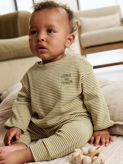 |BabyGirl| Conjunto De Blusa e Legging Listrada Verde/Branca Para Bebê (0 meses a 2 anos)