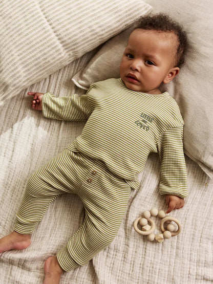 |BabyGirl| Conjunto De Blusa e Legging Listrada Verde/Branca Para Bebê (0 meses a 2 anos)