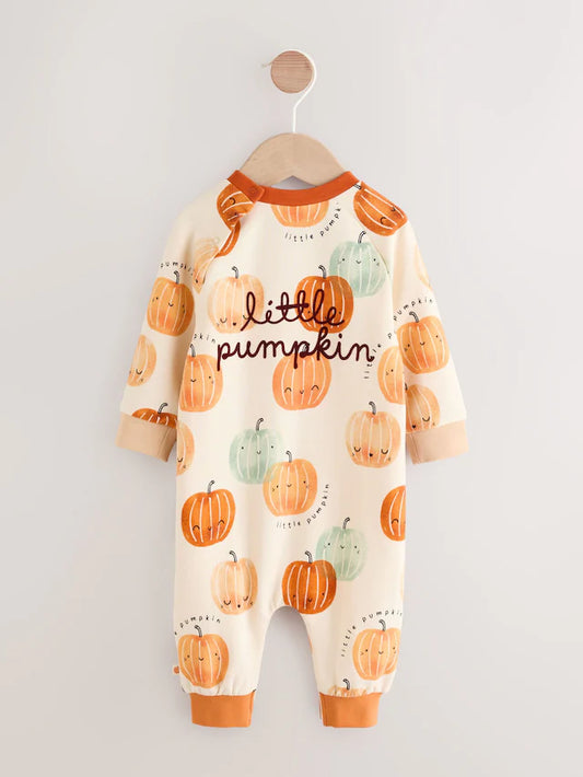 |BabyBoy| Macacão Estampado De Abóbora Laranja e Neutro Para Bebê (0 meses a 2 anos)