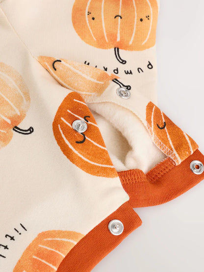 |BabyBoy| Macacão Estampado De Abóbora Laranja e Neutro Para Bebê (0 meses a 2 anos)