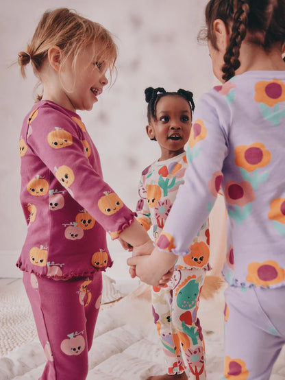 |Girl| Pijama De Abóbora Roxa Com Estampa De Abóbora, Pacote Com 3 (9 meses a 10 anos)