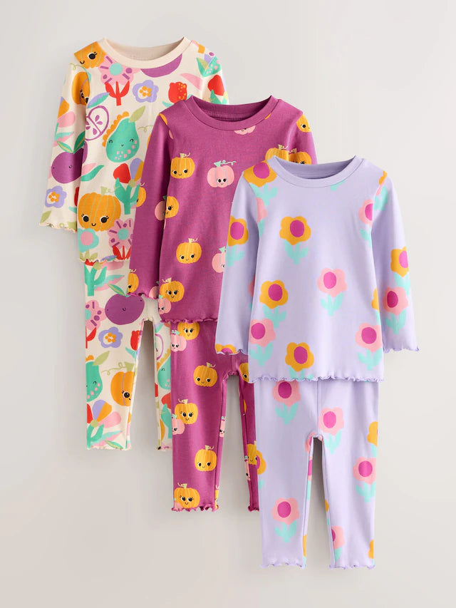 |Girl| Pijama De Abóbora Roxa Com Estampa De Abóbora, Pacote Com 3 (9 meses a 10 anos)