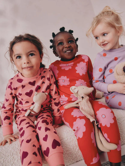 |Girl| Pijama Snuggle Com Estampa De Carimbo Vermelho/Rosa, Pacote com 3 (9 meses a 12 anos)