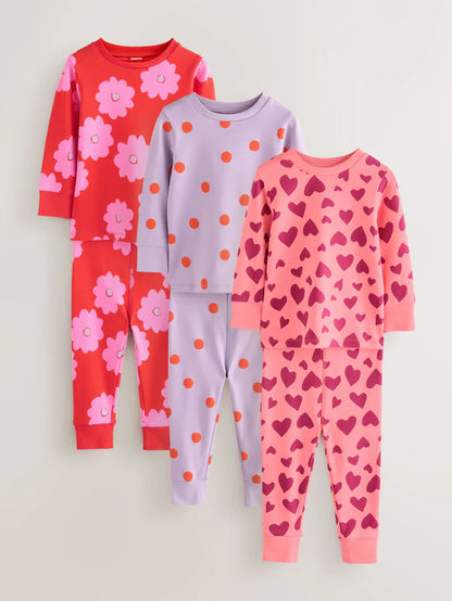 |Girl| Pijama Snuggle Com Estampa De Carimbo Vermelho/Rosa, Pacote com 3 (9 meses a 12 anos)