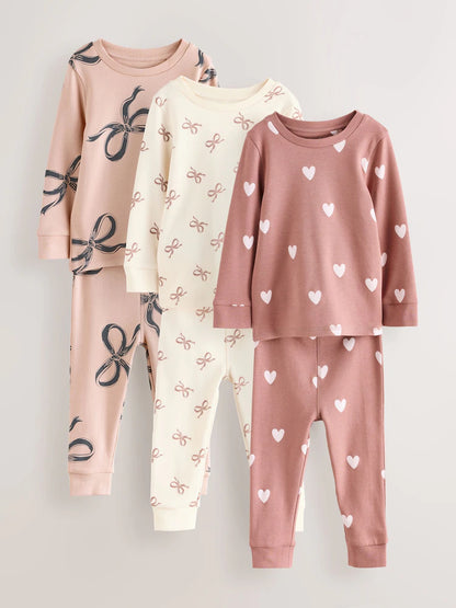 |Girl| Pacote Com 3 Pijamas Aconchegantes Com Estampa De Laço Cru/Marrom (9 meses a 12 anos)