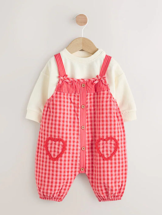 |BabyGirl| Macacão e Body Xadrez Vermelho/Rosa Para Bebê, Conjunto De 2 Peças (0 meses a 2 anos)