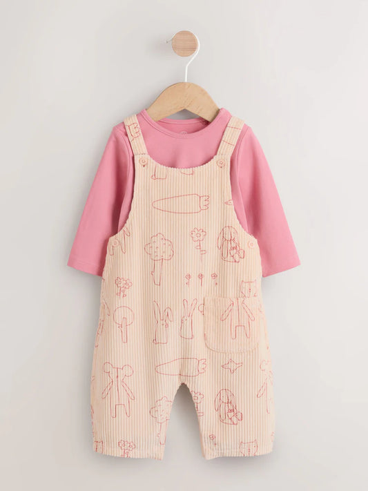 |BabyGirl| Conjunto De Duas Peças De Macacão e Macacão Para Bebê Com Personagem Creme/rosa (0 meses a 3 anos)