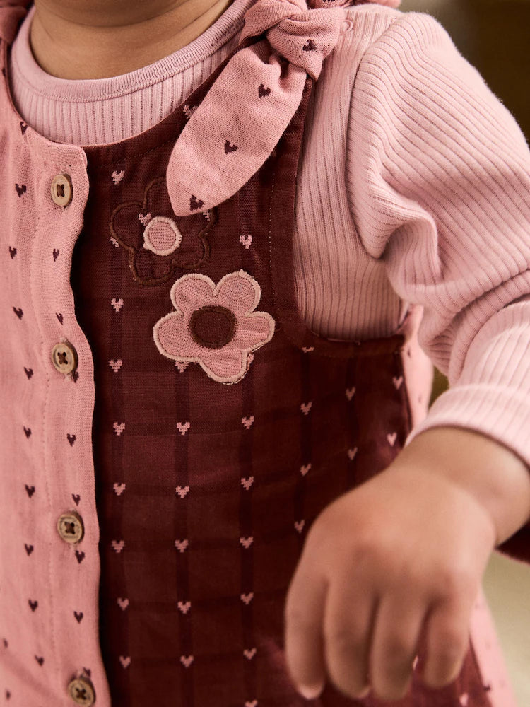 |BabyGirl| Conjunto De 2 Peças De Vestido e Body De Manga Comprida Para Bebê, Rosa/Coração de frutas vermelhas (0 meses a 2 anos)