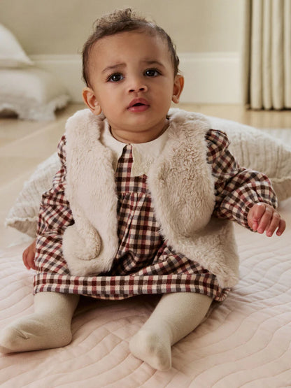 |BabyGirl| Conjunto De 2 Peças De Vestido e Colete Xadrez Bege/Creme Para Bebê (0 meses a 2 anos)