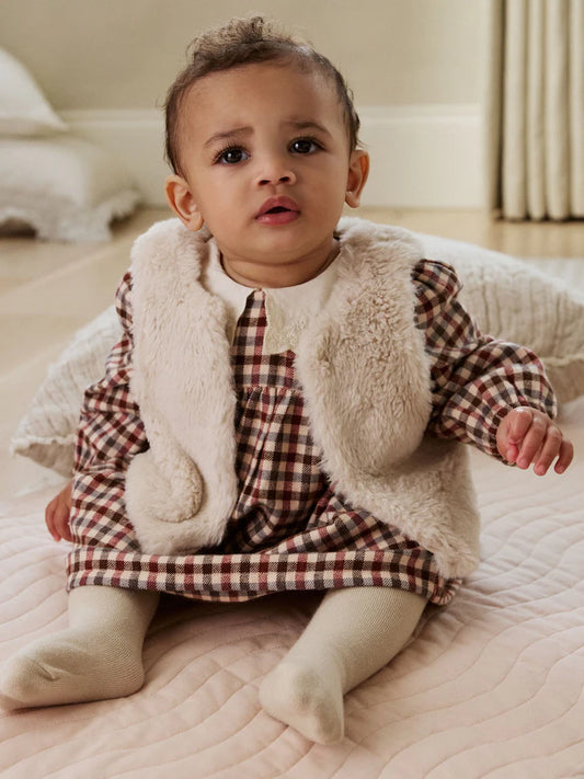 |BabyGirl| Conjunto De 2 Peças De Vestido e Colete Xadrez Bege/Creme Para Bebê (0 meses a 2 anos)