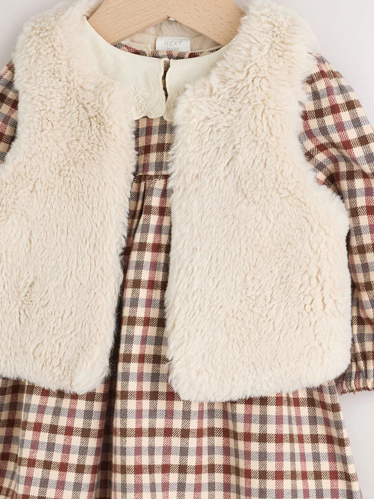 |BabyGirl| Conjunto De 2 Peças De Vestido e Colete Xadrez Bege/Creme Para Bebê (0 meses a 2 anos)