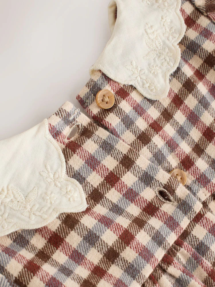 |BabyGirl| Conjunto De 2 Peças De Vestido e Colete Xadrez Bege/Creme Para Bebê (0 meses a 2 anos)