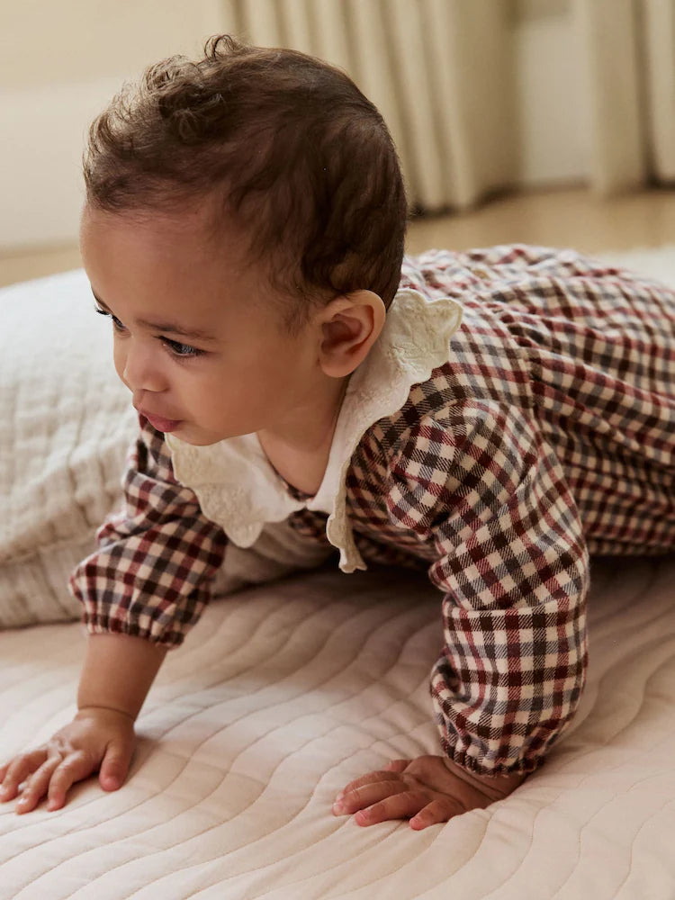 |BabyGirl| Conjunto De 2 Peças De Vestido e Colete Xadrez Bege/Creme Para Bebê (0 meses a 2 anos)