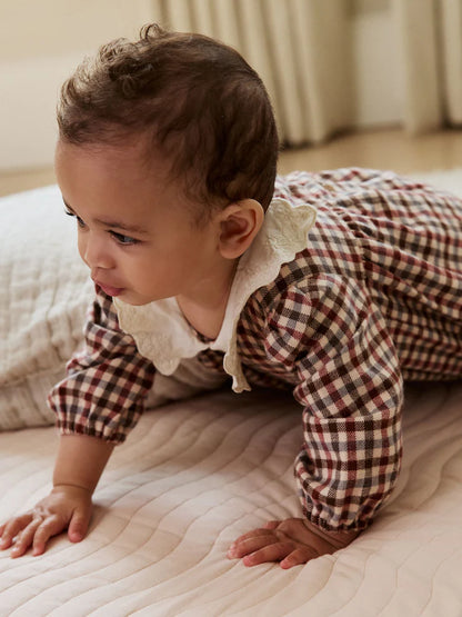 |BabyGirl| Conjunto De 2 Peças De Vestido e Colete Xadrez Bege/Creme Para Bebê (0 meses a 2 anos)