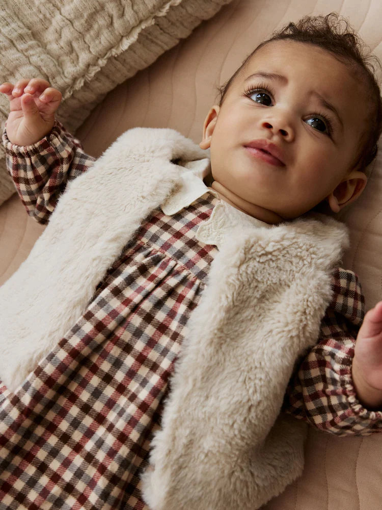|BabyGirl| Conjunto De 2 Peças De Vestido e Colete Xadrez Bege/Creme Para Bebê (0 meses a 2 anos)